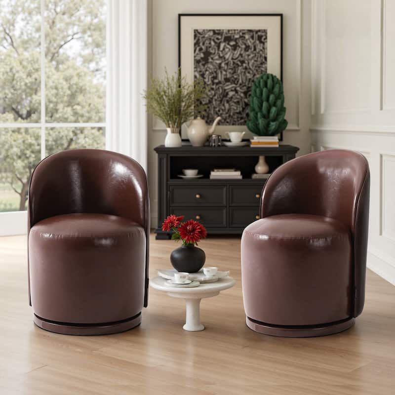 Modern Armless 360-Degree Swivel Dining Chair Barrel Chair - SET OF 2 - RED BROWN LEATHER