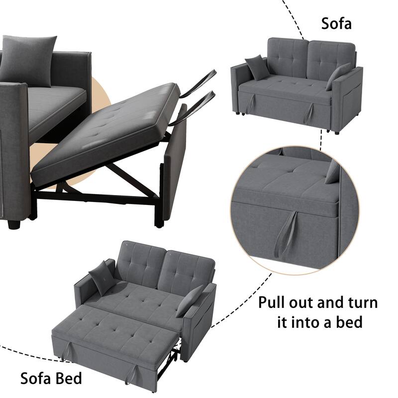 3 in 1 Convertible Sleeper Sofa Bed, Futon Couches for Living Room with Side Pocket, Adjustable Backrest