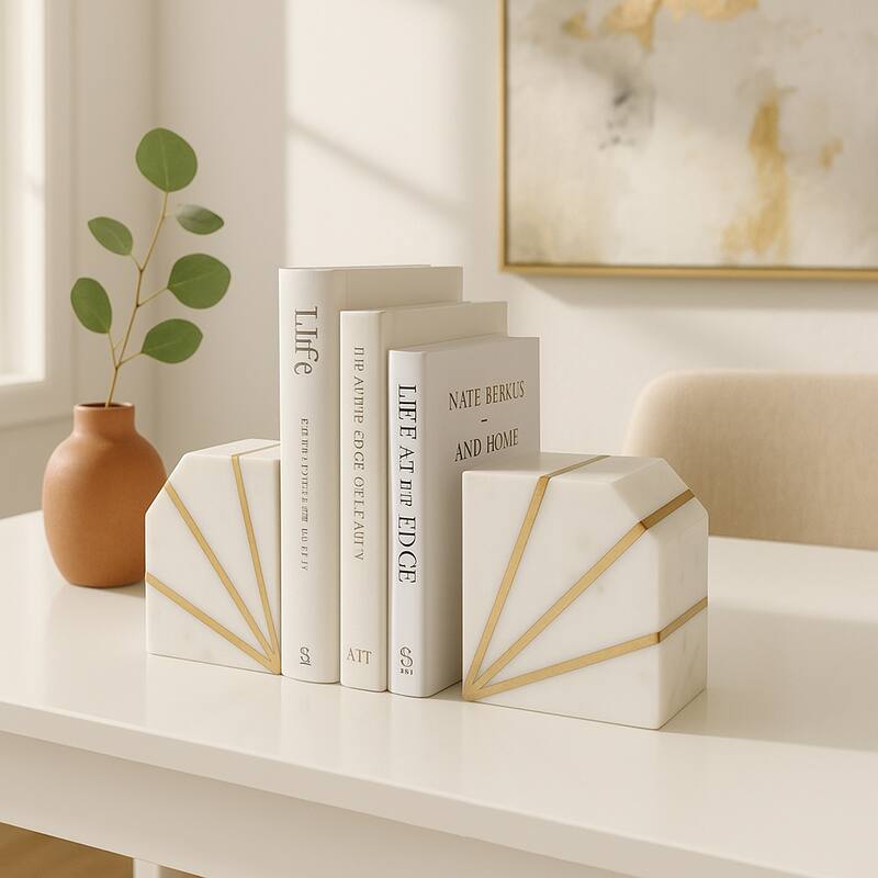 Modern Bookends with Marble and Brass Inlay for Home Decor - Set of 2, 5"