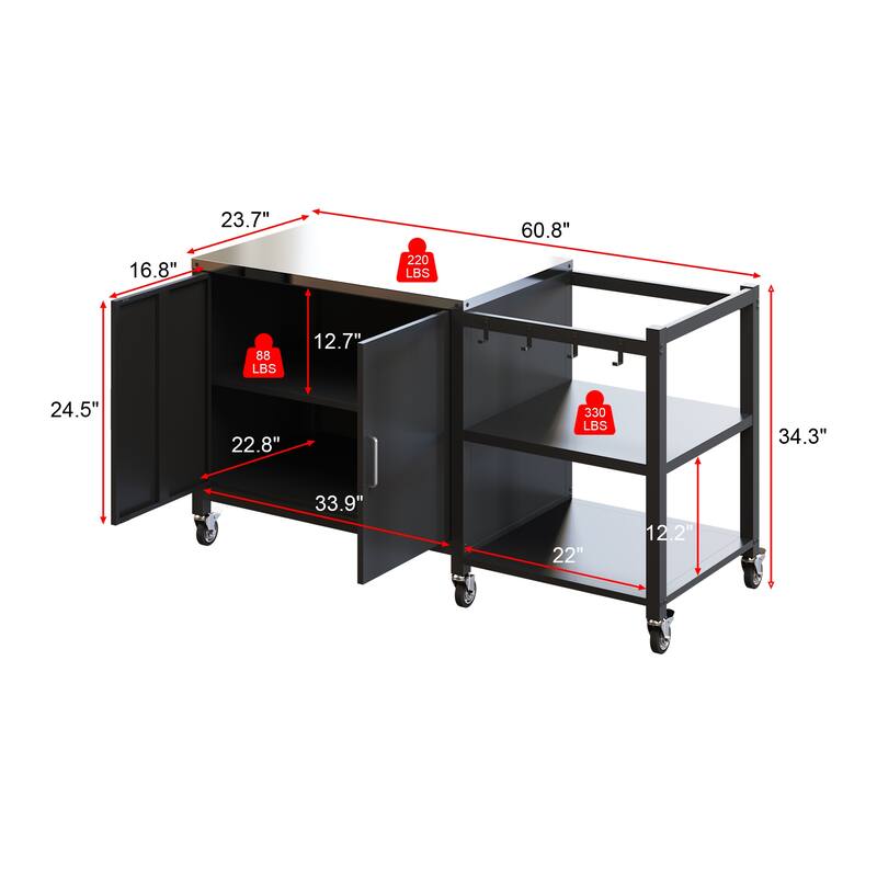 Outdoor BBQ Grill Table with Storage Cabinet, Black Steel Frame Bar Cart Kitchen Table