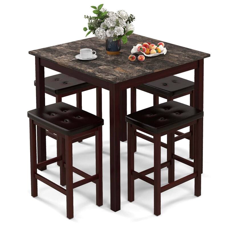 Costway 5 PCS Bar Table Set Square Dining Table & 4 PVC Leather
