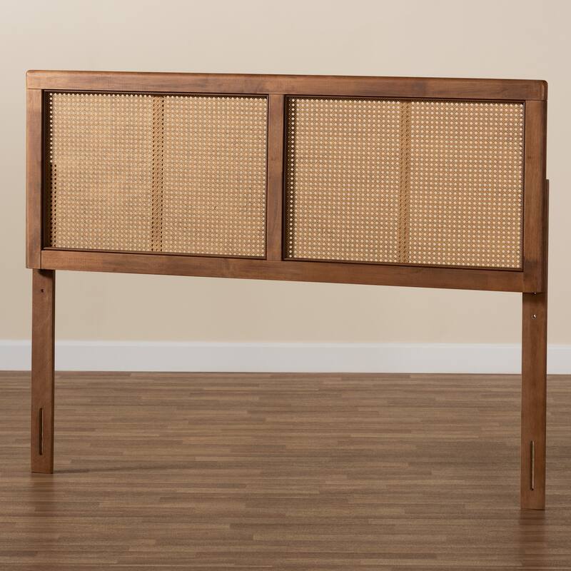 Mid-Century Modern Ash Walnut Wood and Synthetic Rattan Queen Size Headboard with Warm Retro Inspired Finish