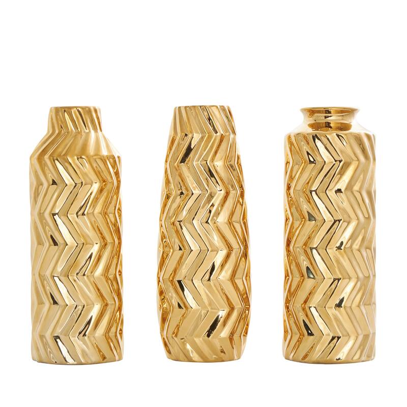 Gold Ceramic Dimensional Chevron Textured Decorative Vase with Varying Shapes (Set of 3)