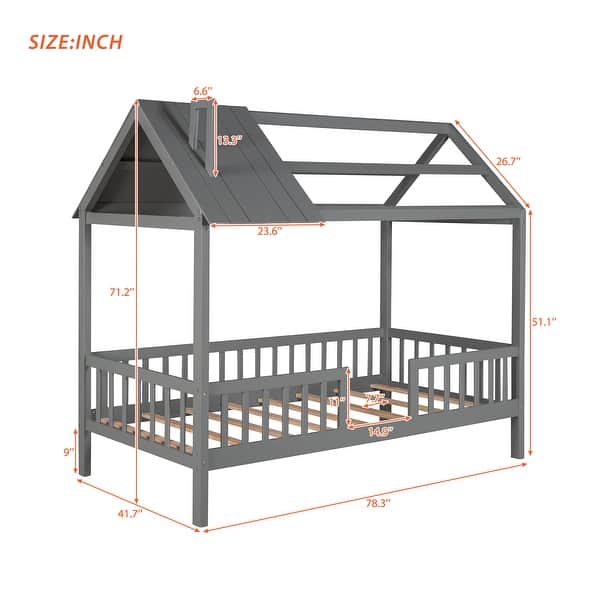 dimension image slide 2 of 3, Twin Size House Bed, Wood Platform Bed Frame with Fence, Montessori Bed with Wood Slats Support for Kids Teens Girls Boys