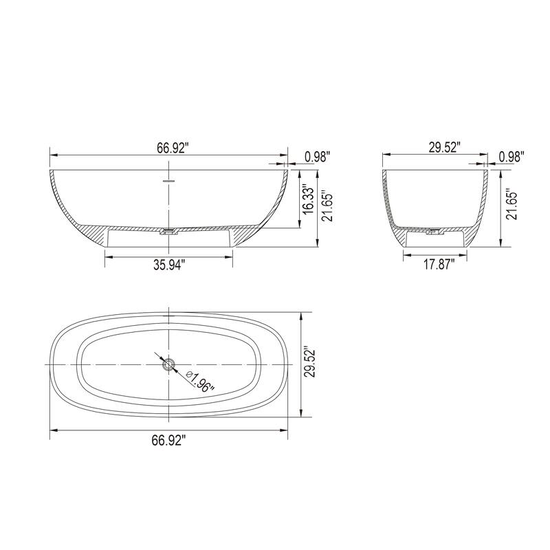 Solid Surface Freestanding Flatbottom Soaking Bathtub in Matte White