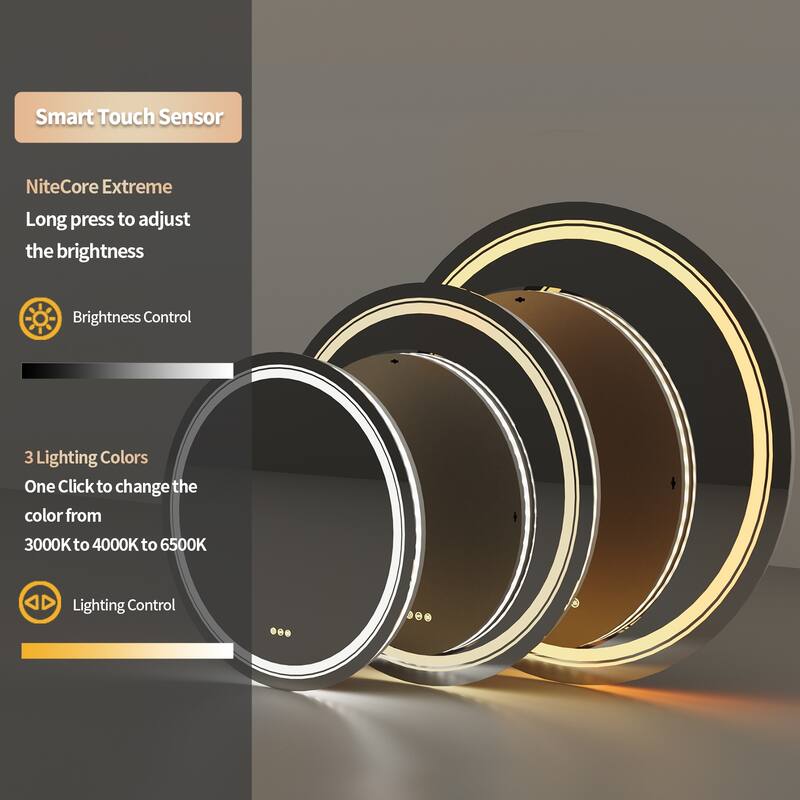 Round LED Bathroom Wall Mirror 3 Lighting Colors Anti Fog