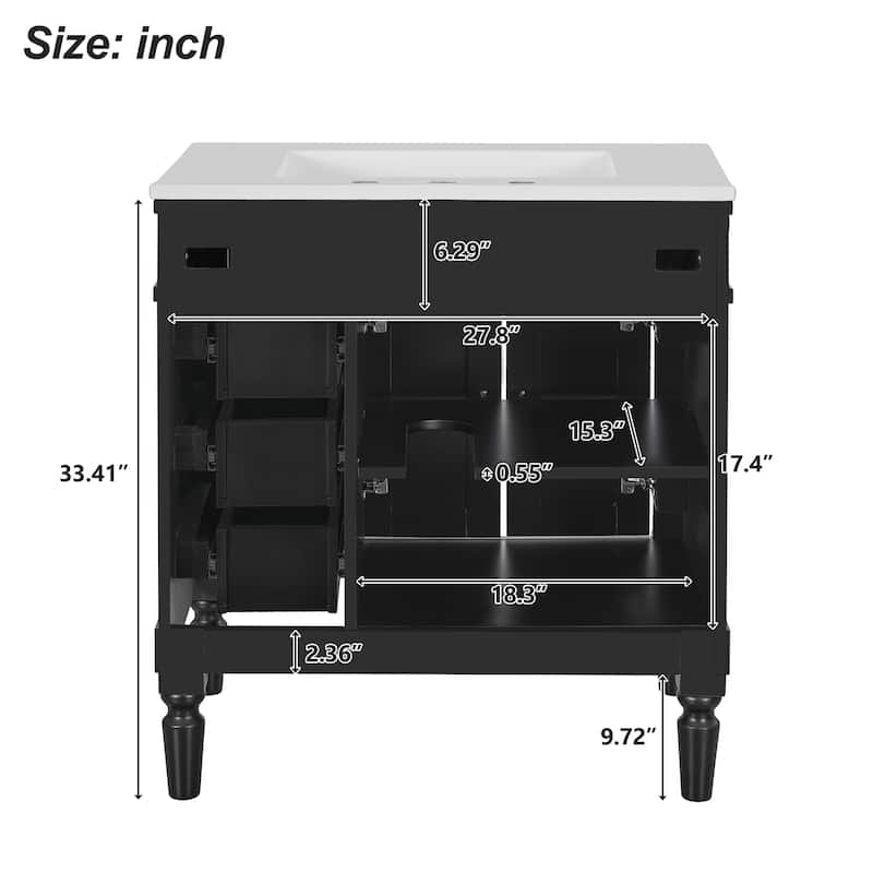 30-Inch Modern Bathroom Vanity with Ceramic Sink, Soft-Close Doors & Drawers, U-Shaped Adjustable Shelf, and Zinc Alloy Handles