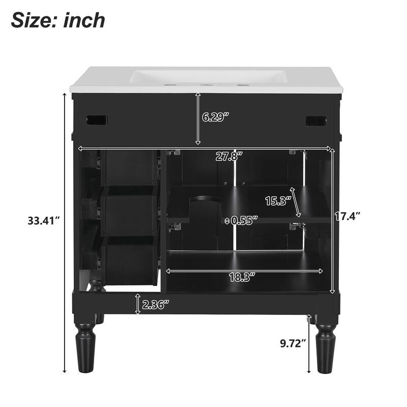 GDFStudio - Mia Modern 30" Bathroom Vanity with Ceramic Sink, Soft-Close Drawers & Adjustable Shelf