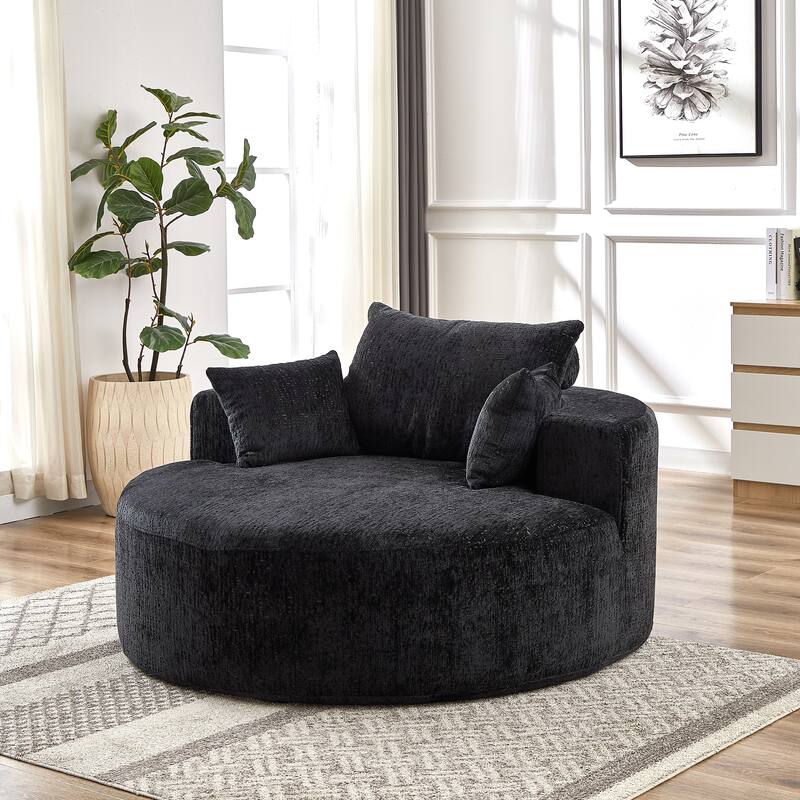 Black Round Chenille Single Sleeper Sofa with Backrest Pillow