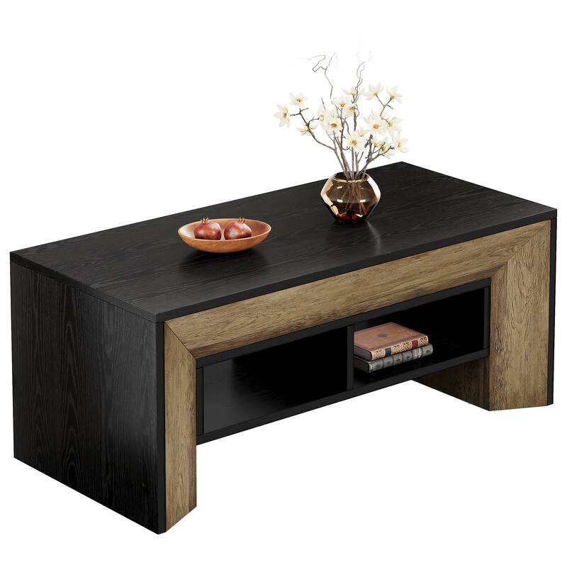 Rectangular Coffee Table with 2-Tier Storage, Modern Wood Center Table for Home Living Room