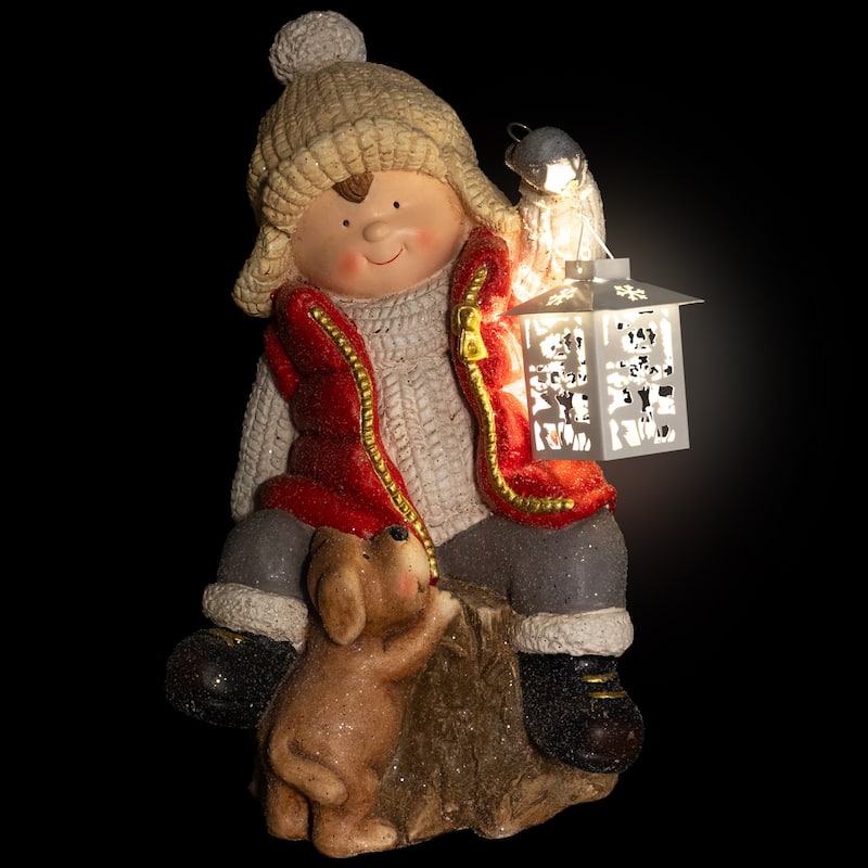 Boy with Puppy and Lighted Lantern Christmas Decoration - 16" - Clear LED light