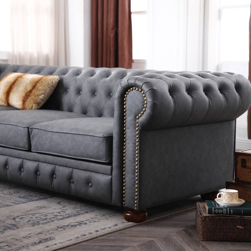 Vintage Faux Leather Chesterfield Sofa - Durable 3-Seater with Solid Wood Frame and Bronze Nails