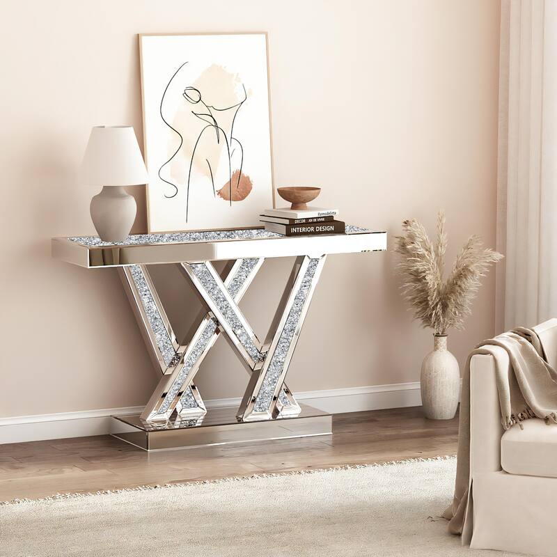 Modern Console Table Silver Entryway Table Inlay with Crushed Diamond
