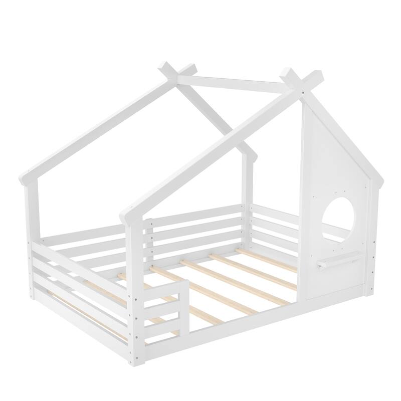 Full House Floor Bed with Window and a Small Shelf, Solid Wood Floor Bed with House-shaped Roof, No Spring Box Needed