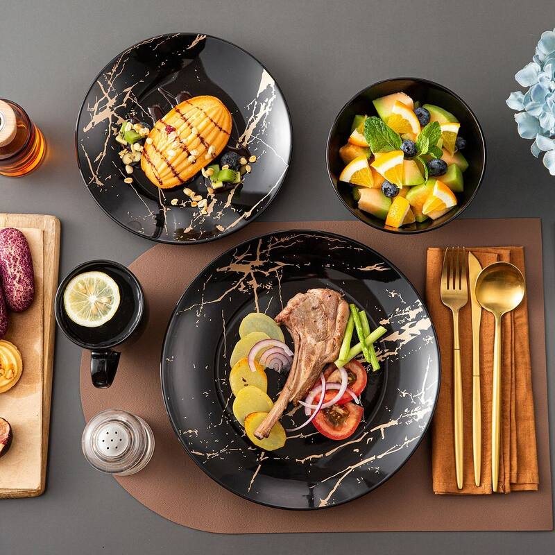 LOVECASA 16-Piece Porcelain Color Glaze with Gold Dinnerware Set