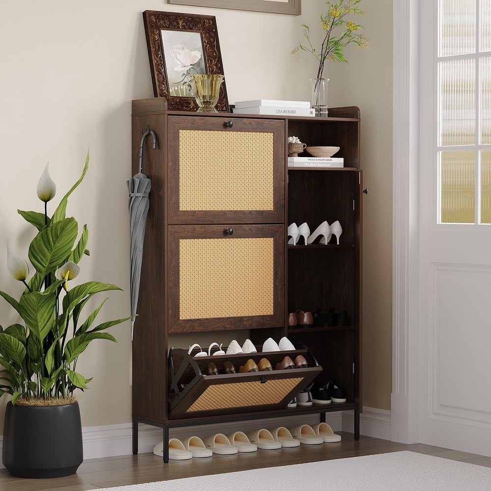 3-Tier Shoe Storage Cabinet with Rattan Doors and Adjustable Compartments
