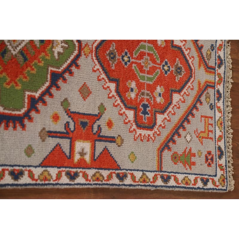Geometric Green Kazak Indian Runner Rug Handmade Wool Carpet - 2'7"x 9'1"