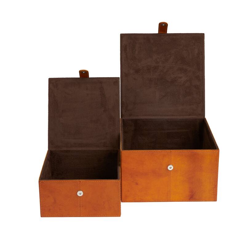 Brown Leather Storage Box with Snap Front Closure and Detailed Stitching (Set of 2)