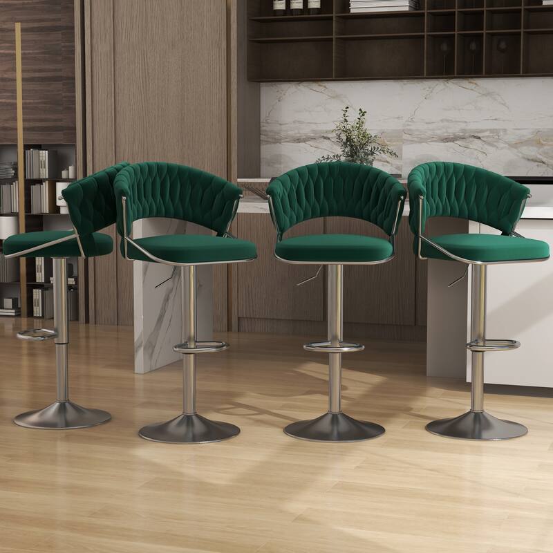 Set of 4 Modern Velvet Adjustable Bar Stools with Backs - Set of 4 - Dark Green Silver