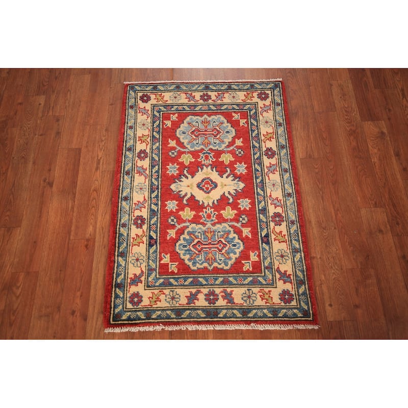 Geometric Kazak Accent Rug Traditional Handmade Red Wool Carpet - 2'0" x 3'0"