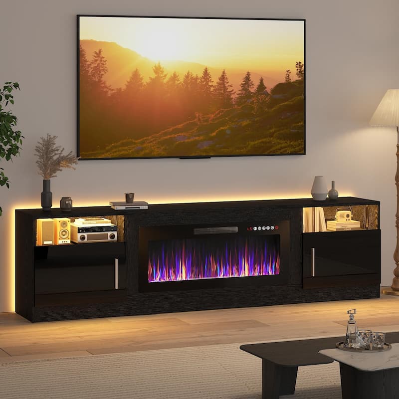 BOSSIN 80" Modern Electric Fireplace TV Stand with 20-Color LED Lights, Fits Up to 90" TV, Adjustable Shelves & Storage Cabinets - Black