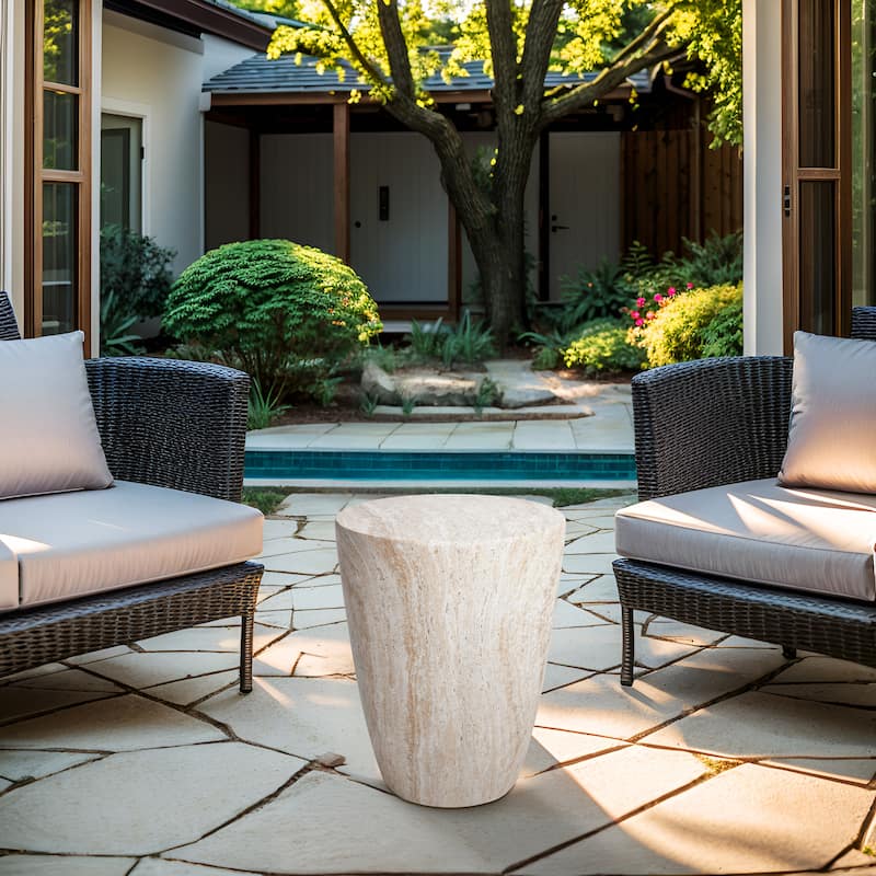 Tapered Travertine Stone Finish Italian Design MgO Side Accent Table - 14.5"x14.5"x18.3"