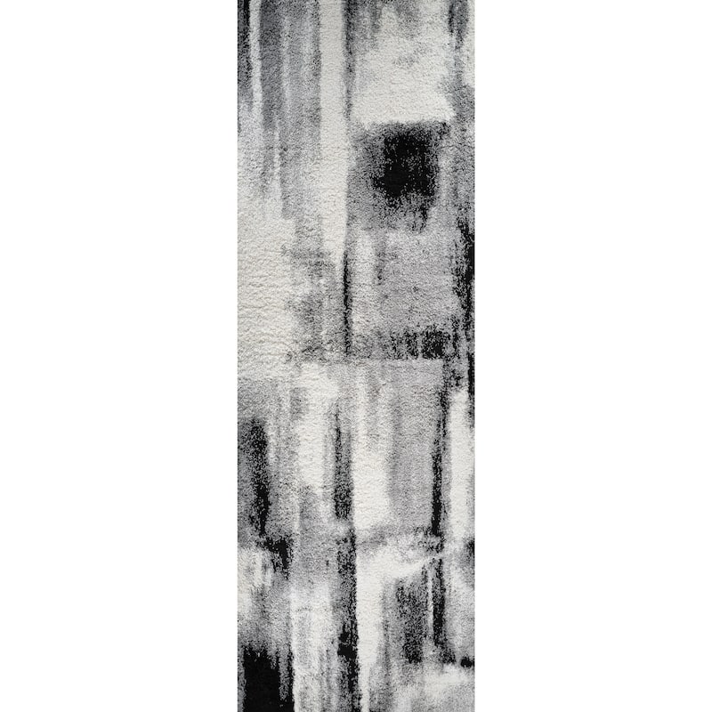 Noori Rug Lux Walsh Abstract Modern 2-inch Thick Shag Rug - 2'6" x 8'0" - Grey/Black