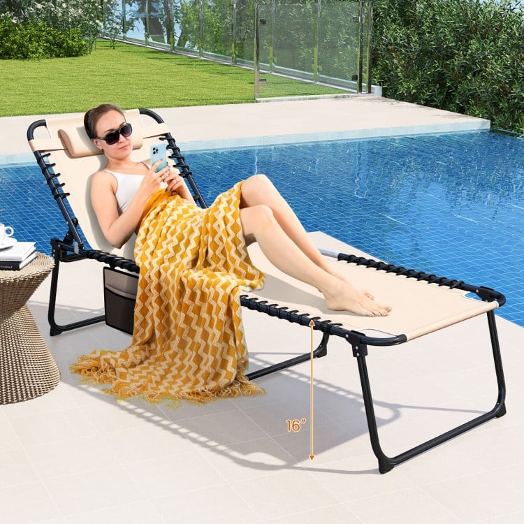 Fabric Metal Oversized Folding Patio Chaise Lounge with Adjustable Backrest, Side Pocket - 66"-74" x 27" x 16"-34" (L x W x H)