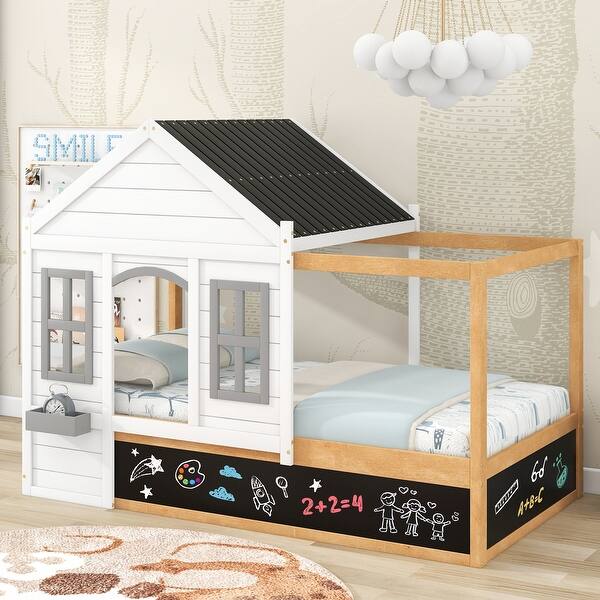 slide 2 of 9, Stylish Twin House Bed with Unique Features: Black Roof, White Window, and More