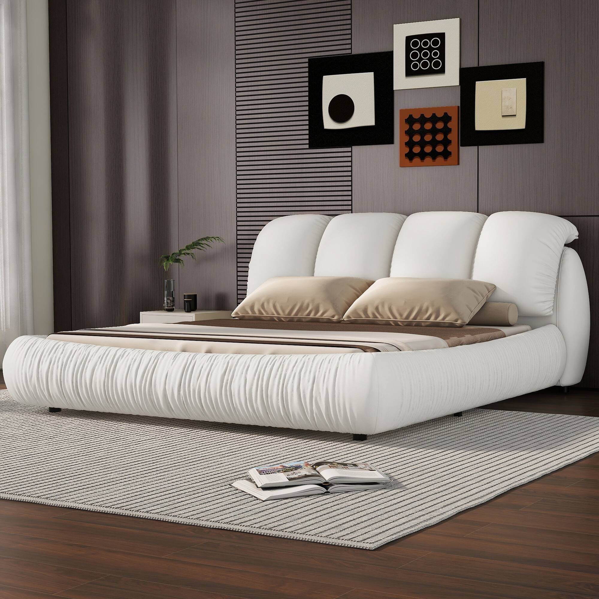 Upholstered Queen King Platform Bed w Thick Headboard Modern Luxury Bed Frame w Oversized Padded Backrest Low Profile Bed Stone Gray