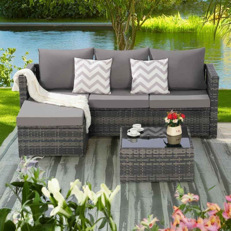 2-Pieces Outdoor Patio L-Shaped Sectional Sofa Set with Glass Coffee Table - Dark Gray
