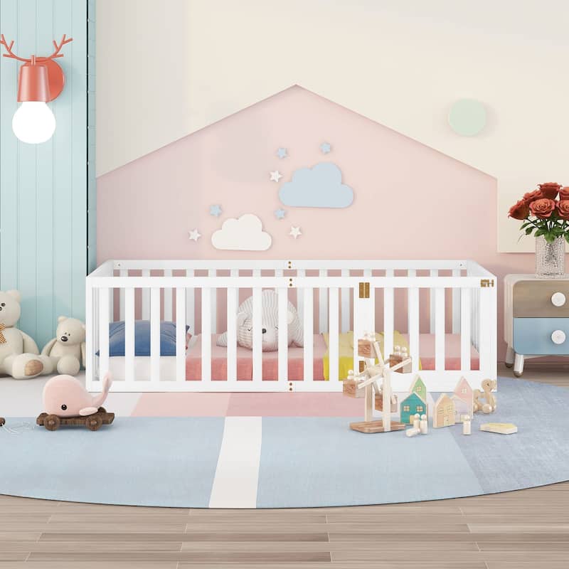 Twin Size Wood Floor Bed Frame with Fence and Door
