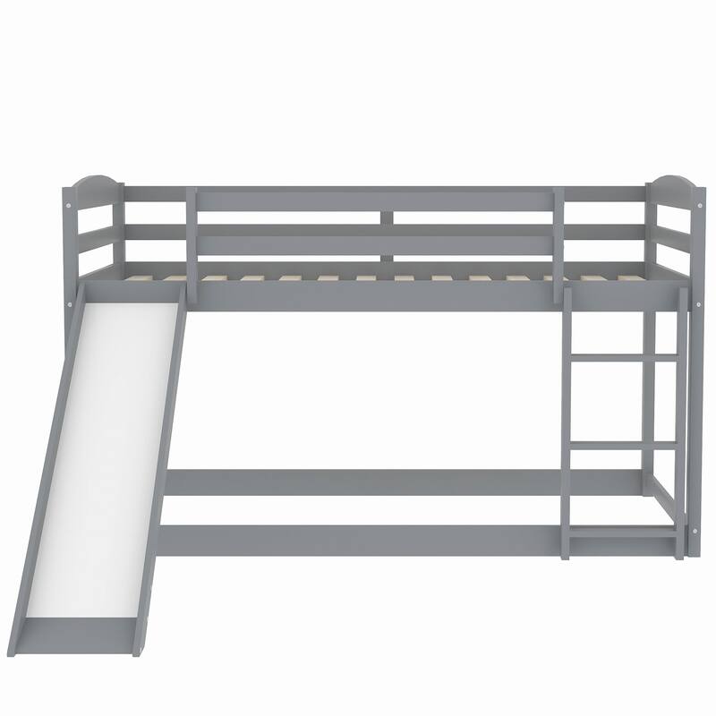 Low Twin Bunk Bed with Slide and Ladder, Sturdy Wooden Frame