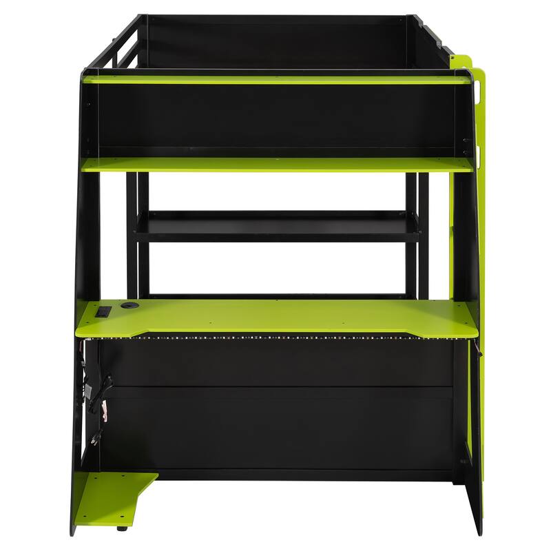 Full Size Gaming Loft Bed Station with Desk, Storage Shelves & RGB LED Lights