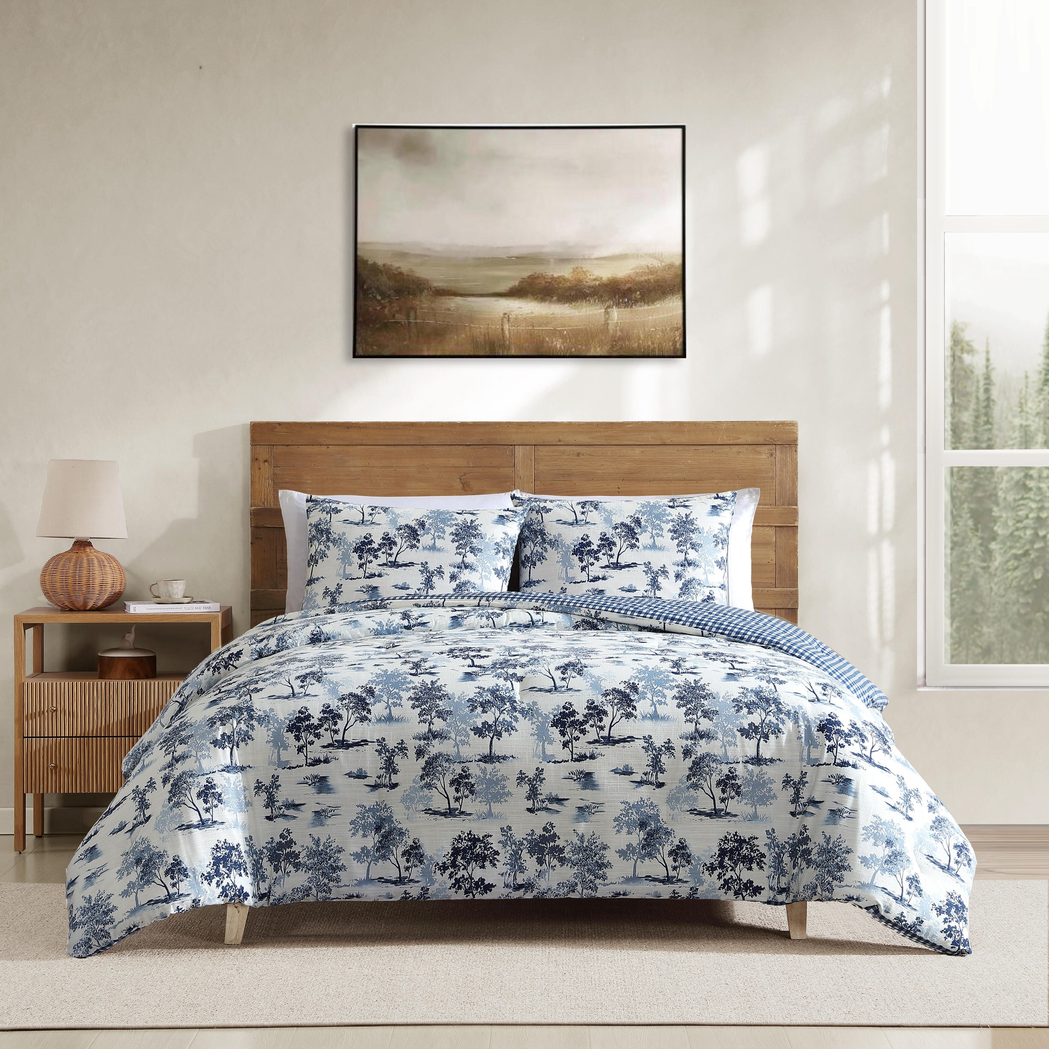 Eddie Bauer Vintage Forest Toile With Plaid Reverse Cotton Comforter Set, Blue