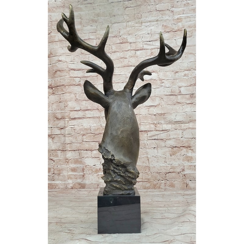 Stag Buck Deer Elk Head Bust Bronze Sculpture Statue On Marble Base