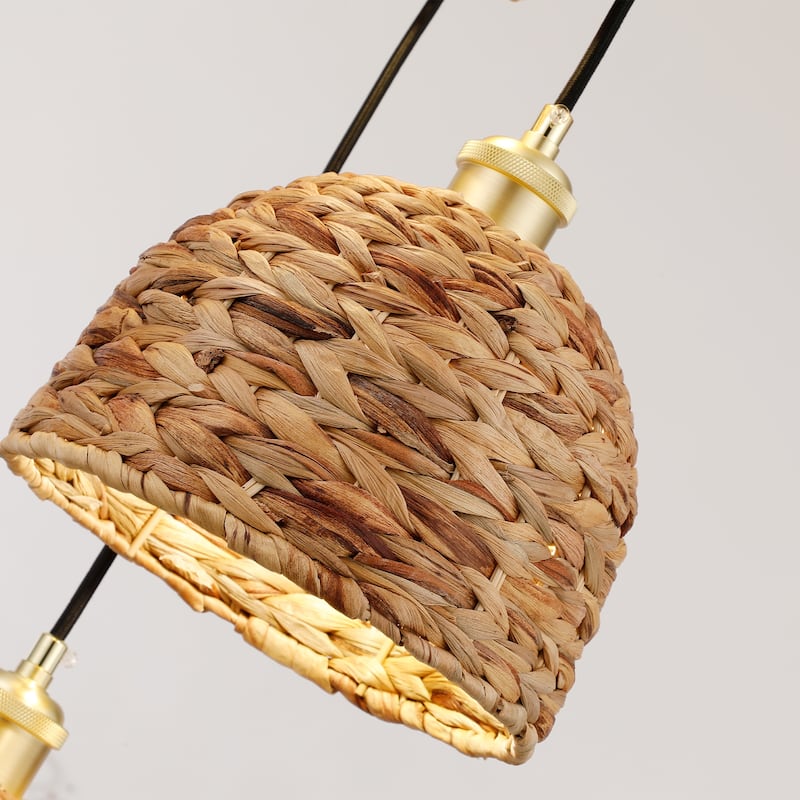 3-Light Brass Farmhouse Pendant Light with Natural Rattan Woven Shades - N/A