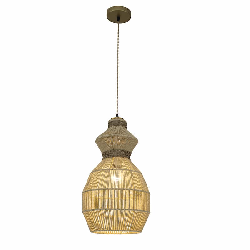 Opaline 1-Light Rattan Stacked Geometric Pendant, Coastal Boho - Handwoven - 12" Wide