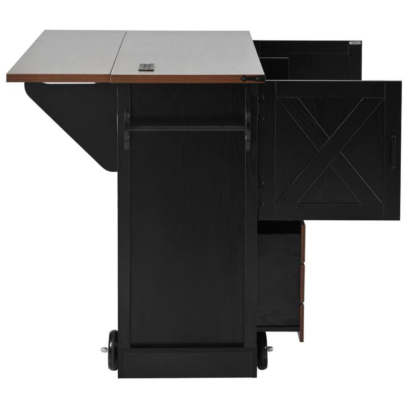 54" Rolling Kitchen Island with Drop Leaf and Power Outlet and 2 Drawers