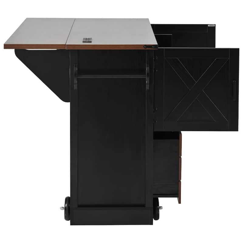 Kitchen Island with Drop Leaf, 2 Doors & 2 Drawers, Rolling Kitchen Island on 4 Wheels, Kitchen Storage Cart with Power Outlet