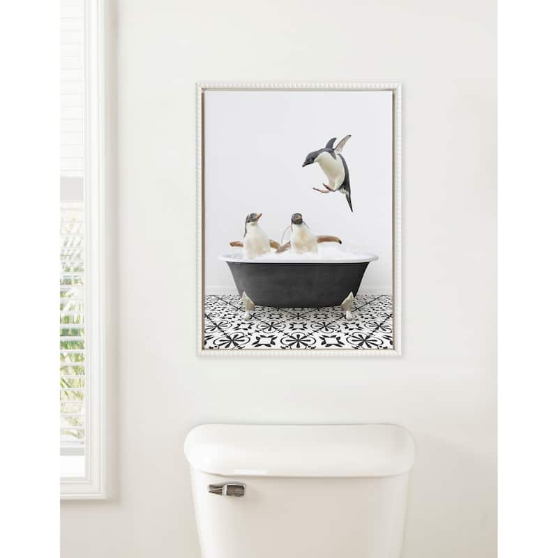 Sylvie Beaded Penguins BW Stencil Bath Framed Canvas by Amy Peterson