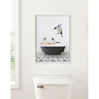 Sylvie Beaded Penguins BW Stencil Bath Framed Canvas by Amy Peterson