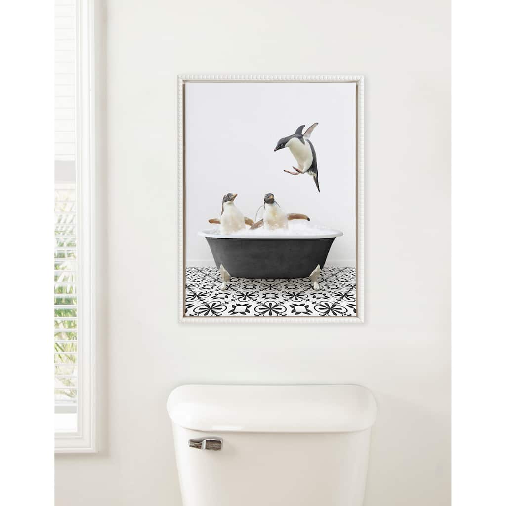Sylvie Beaded Penguins BW Stencil Bath Framed Canvas by Amy Peterson