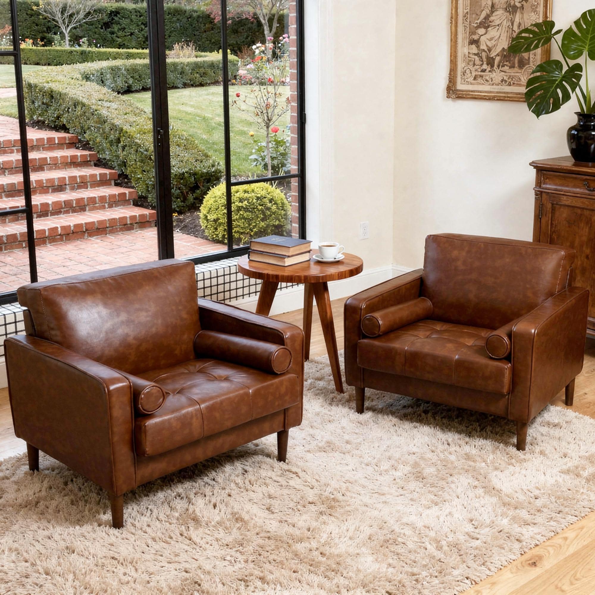 Mid-Century 34.7" W Leather Accent Chair Armchair with Wood Legs