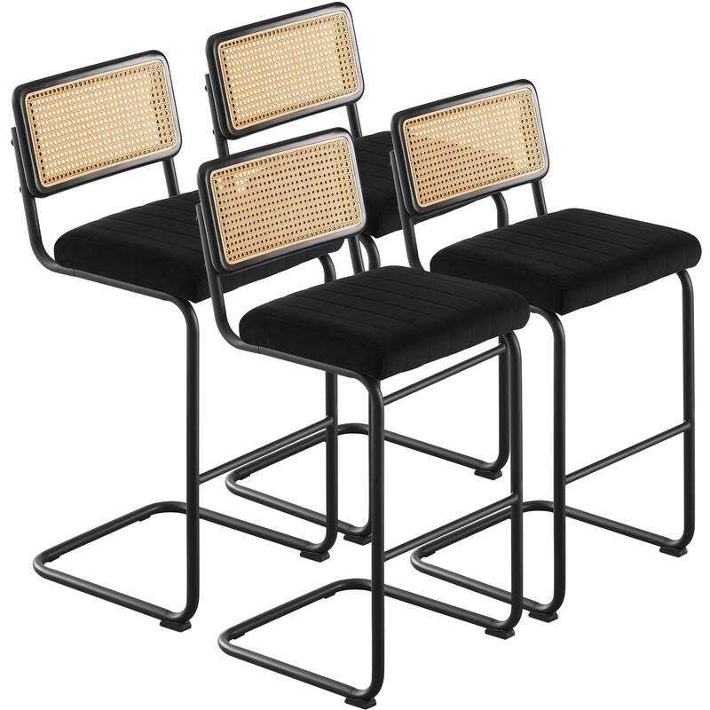 Velvet Upholstered Rattan Counter/Bar Stools, Set of 2/3 - Set of 4 - 30"Black