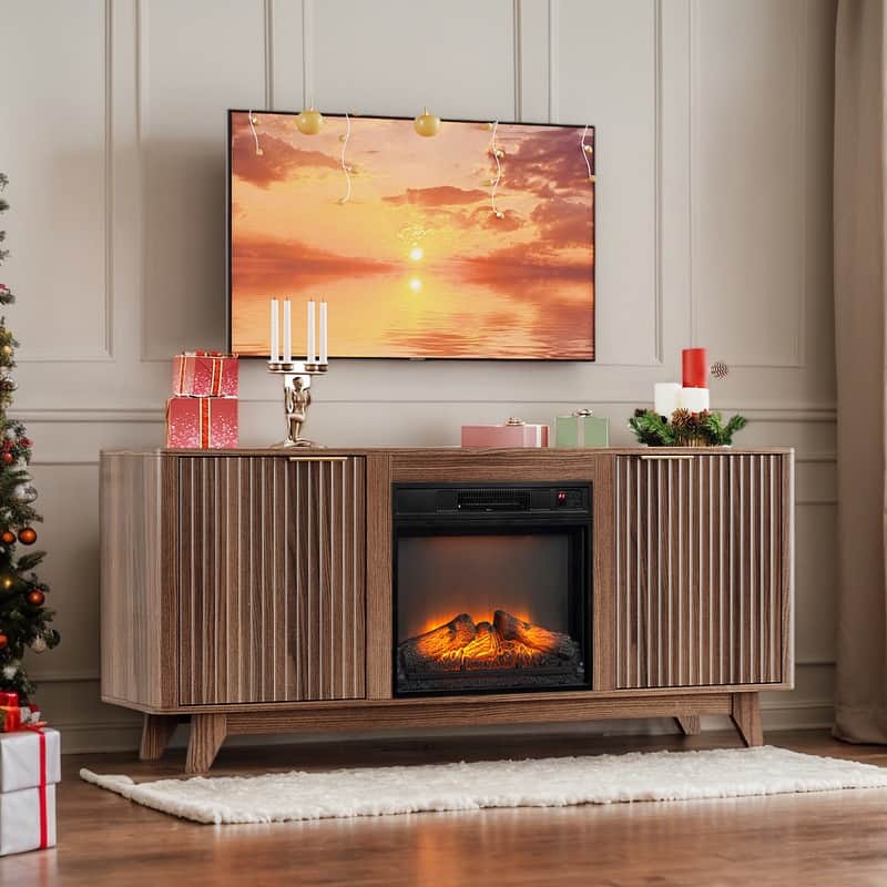 Farmhouse 58'' TV Stand For Tvs Up To 70'' With Electric Fireplace and 2-Door