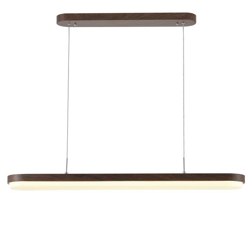 Modern Linear Pendant Light 38.5 Inch Walnut Wood Grain Iron Fixture with Milky White PVC Shade