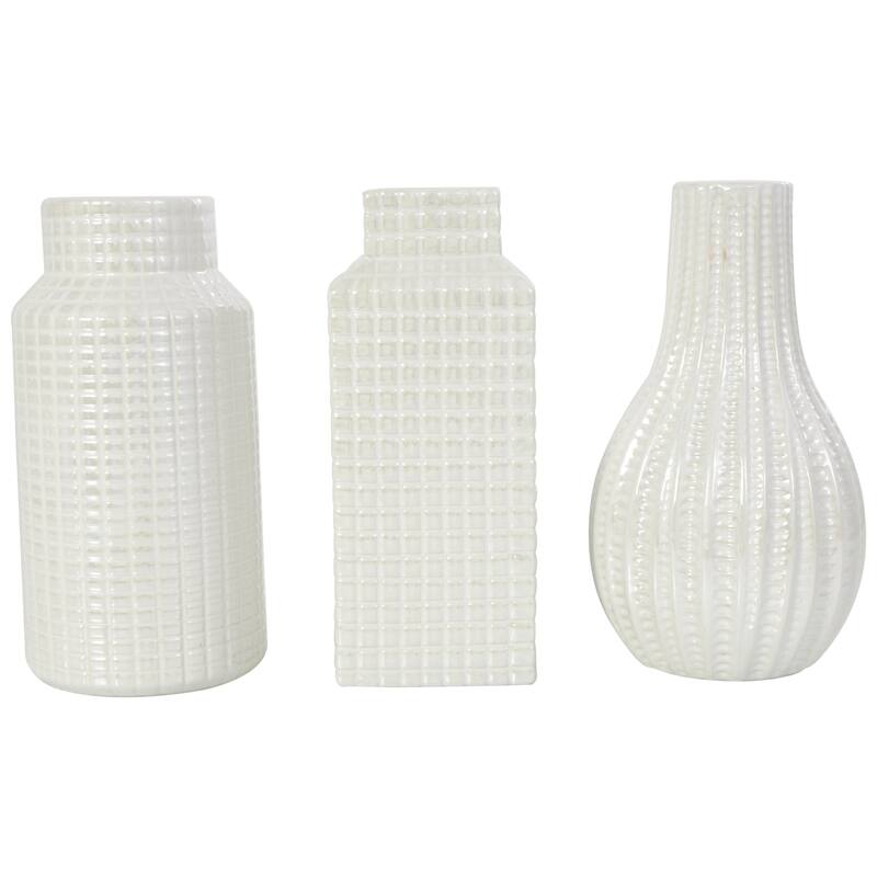 Ceramic Geometric Dimensional Textured Decorative Vase with Varying Shapes - Set of 3 Gold, Silver, Cream - Roche River Decor