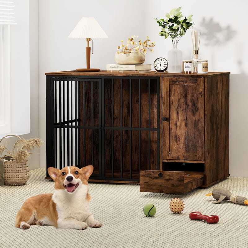 Gymax 47 5''Dog Crate End Table w/ Hidden Bowls & Storage