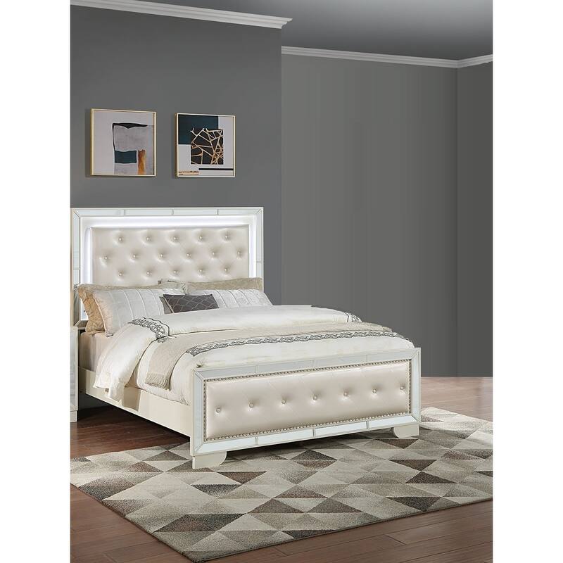 Transitional Style 1pc Bed Set Button Tufted Headboard And Footboard LED Lights Cr eam Finish Bedroom Furniture